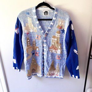 Vintage Storybook Knit Sandcastle Beach Theme Cardigan
